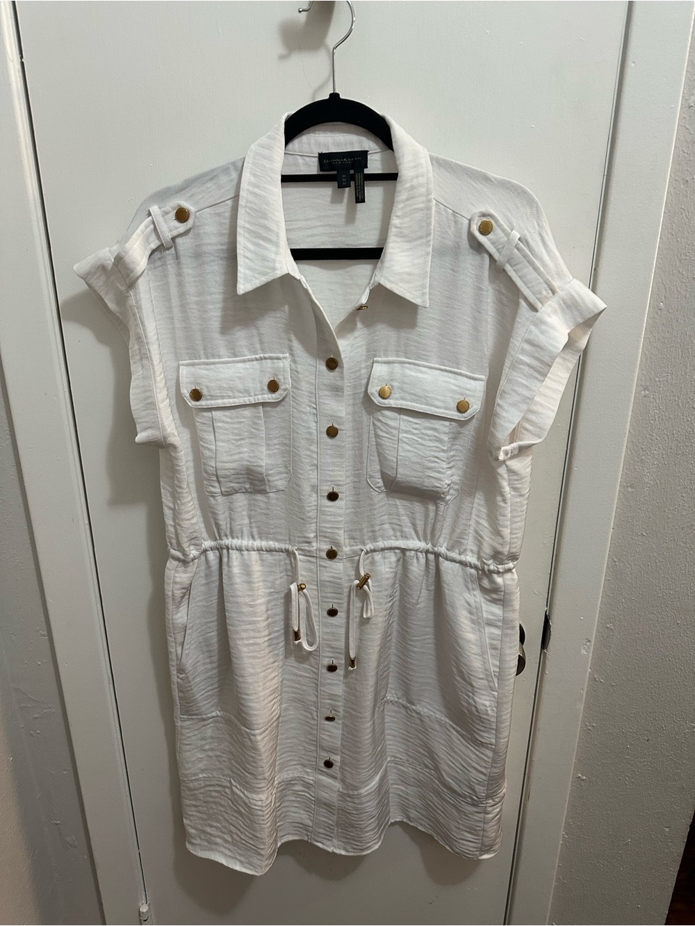 Donna Karan White Textured Shirt Dress with Gold Accents